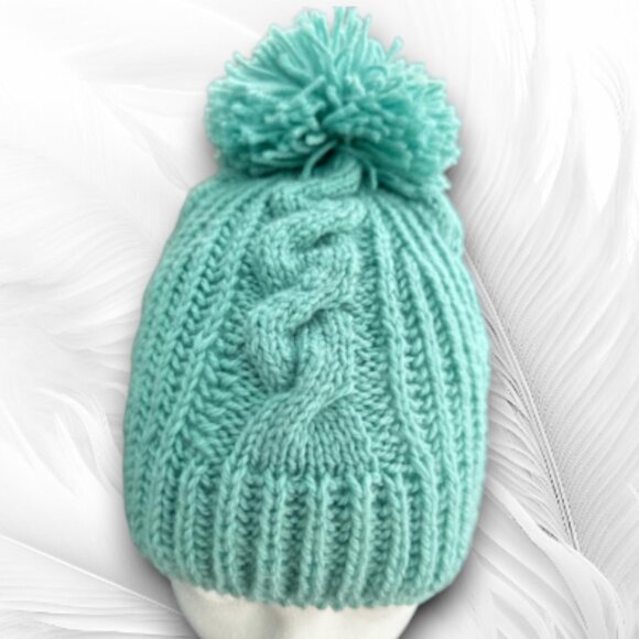 Hand-Knitted Winter Hat with Pom-Pom – Soft Blue Cable Beanie - Picture 2 of 12